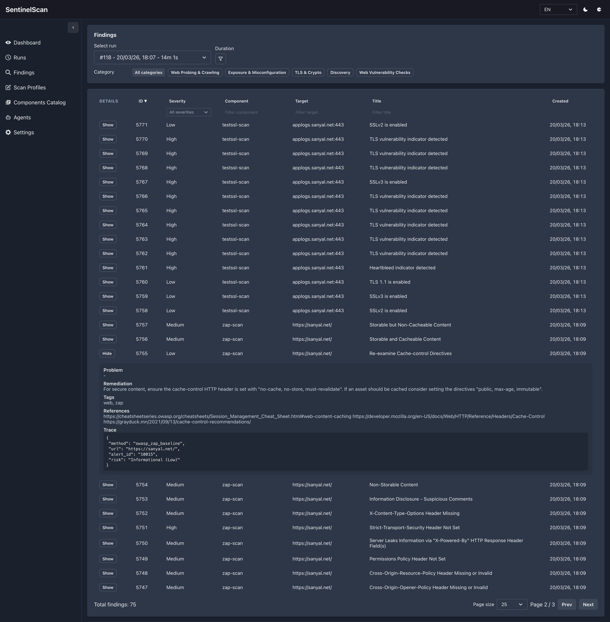 SentinelScan findings page with expanded tool finding