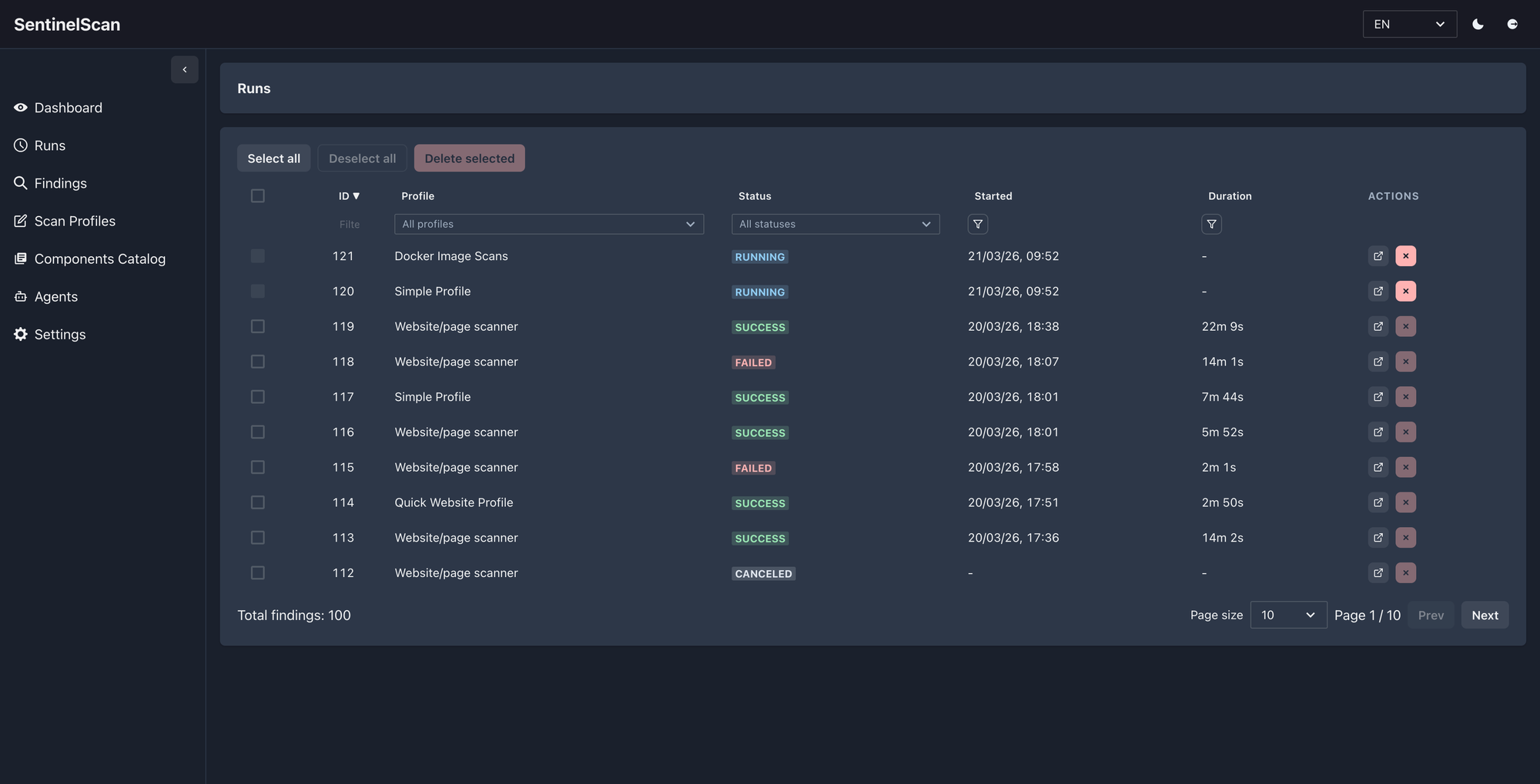 SentinelScan runs page
