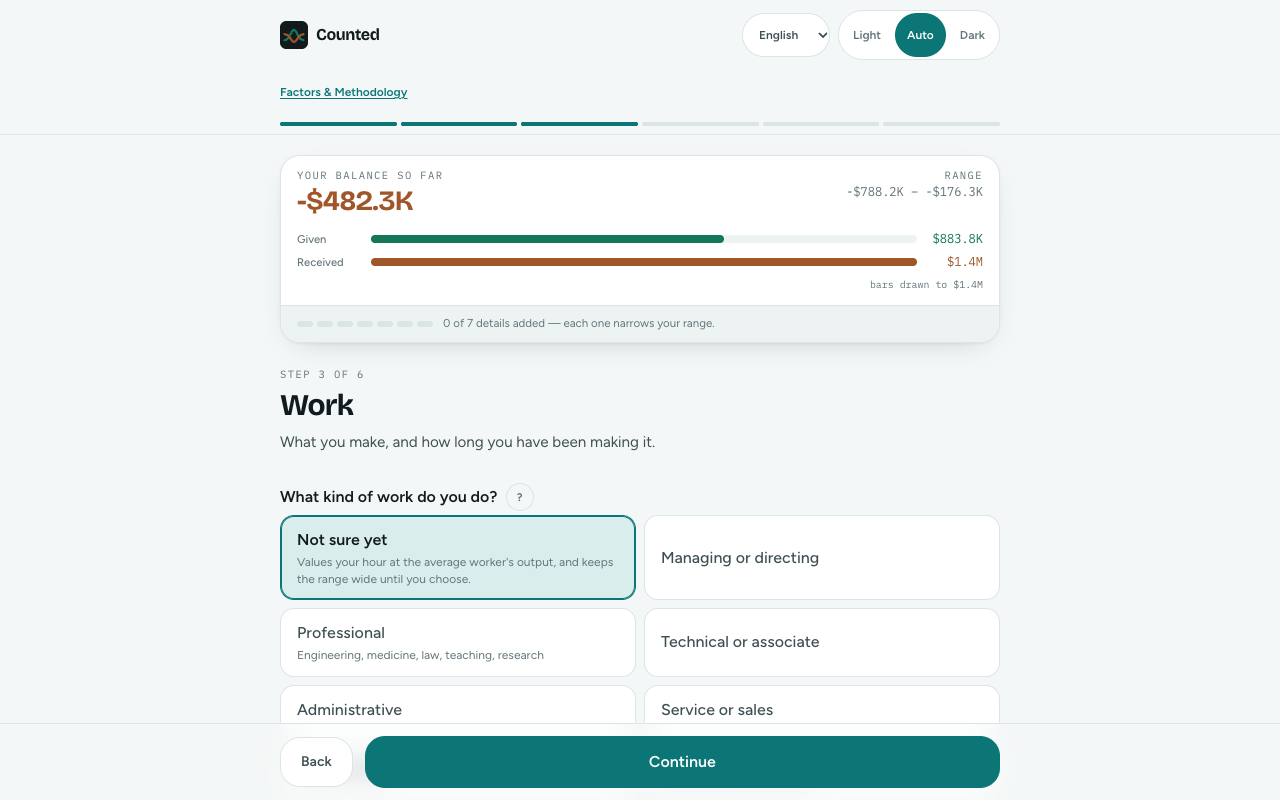 Questionnaire Work step with the running balance meter at the top