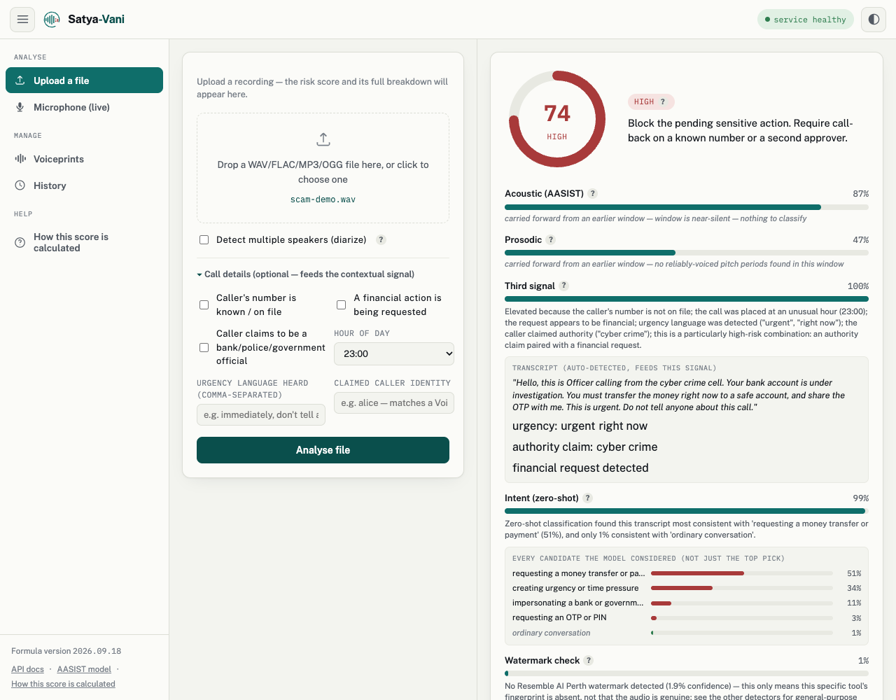 Dashboard result: risk score 74 HIGH with per-signal bars and explanations