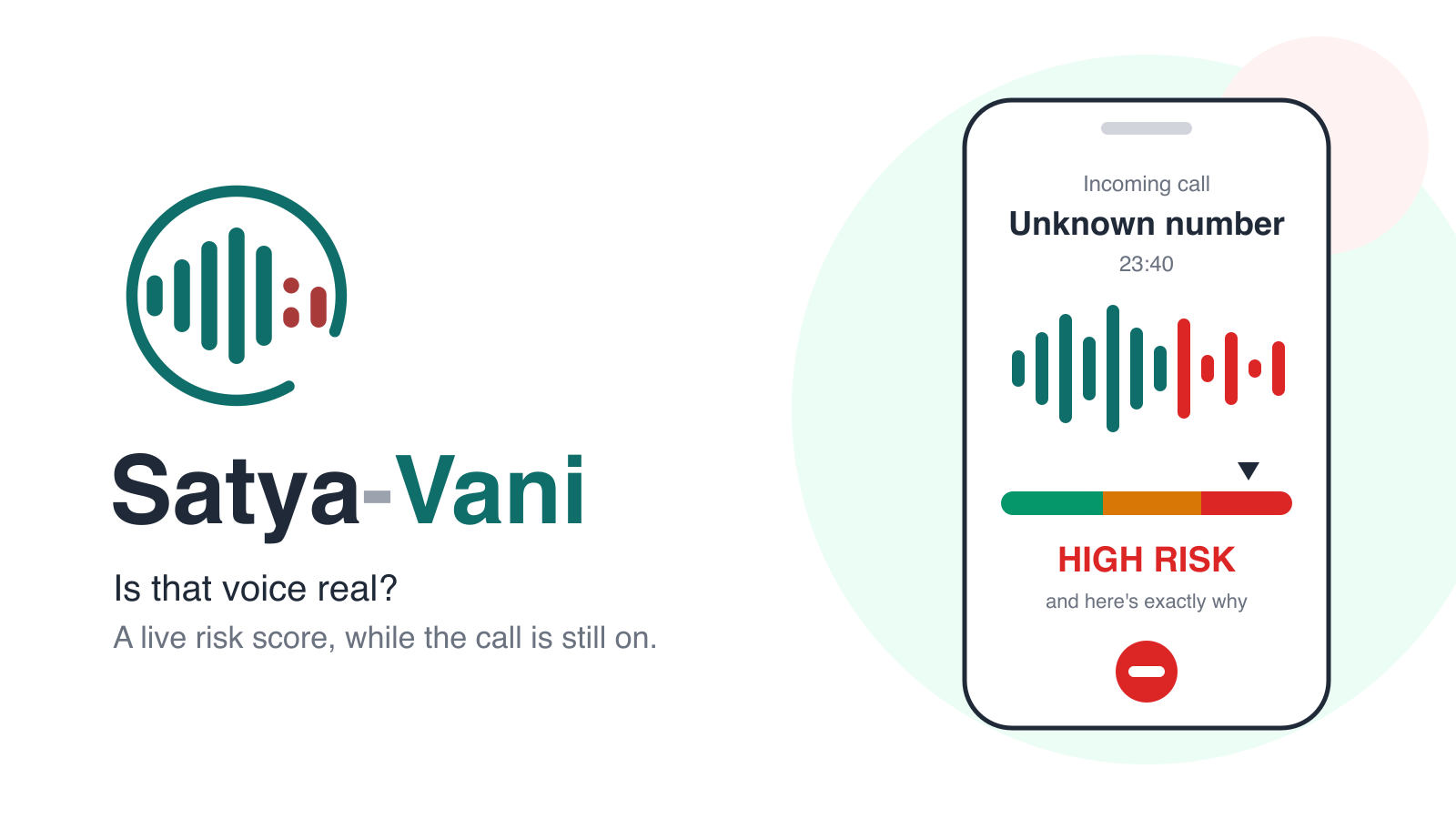 Satya-Vani logo beside a phone showing an incoming call from an unknown number at 23:40, a waveform turning red, and a high-risk meter