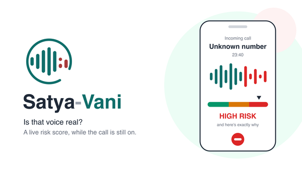 Satya-Vani logo beside a phone showing an incoming call from an unknown number at 23:40, a waveform turning red, and a high-risk meter